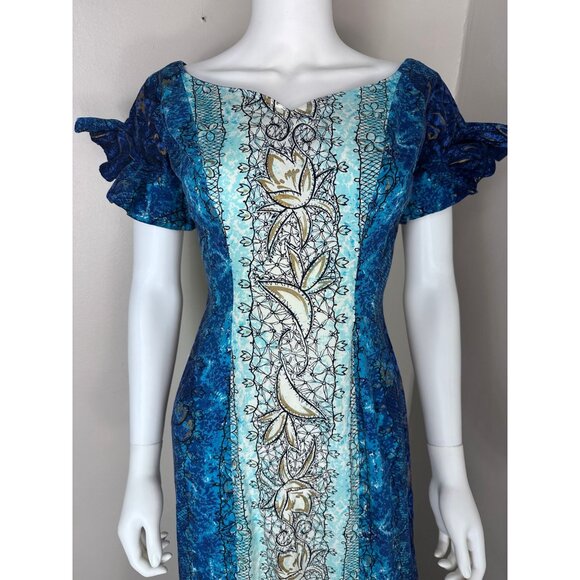 Vintage 1960s Blue Mermaid Maxi Dress, Hawaiian Casuals by Stan Hicks Size XS - Picture 2 of 5